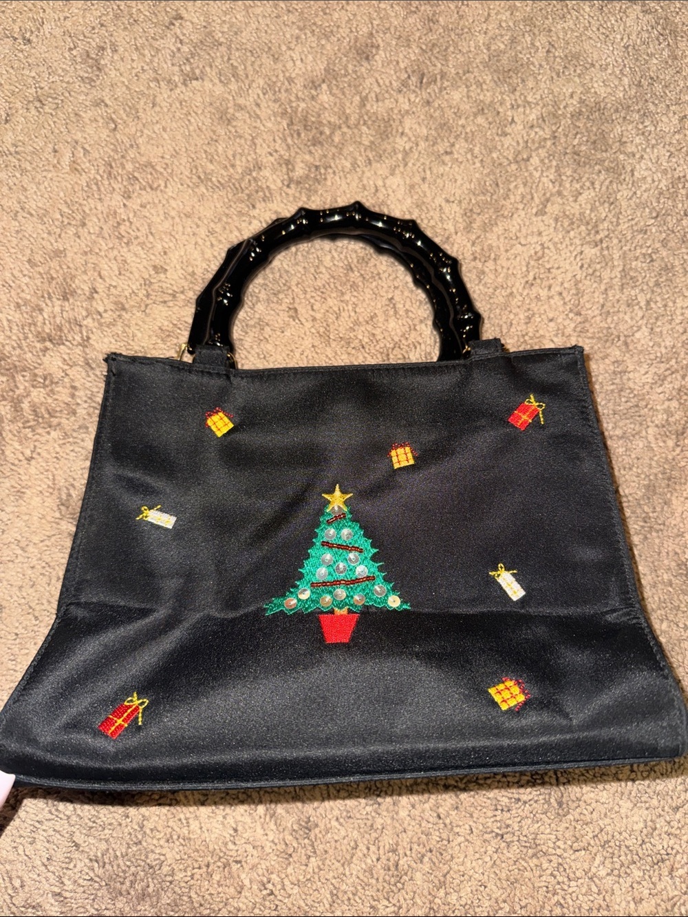 Tianni Black Christmas Tree Embroidered small Tote Bag embroidered bamboo handle